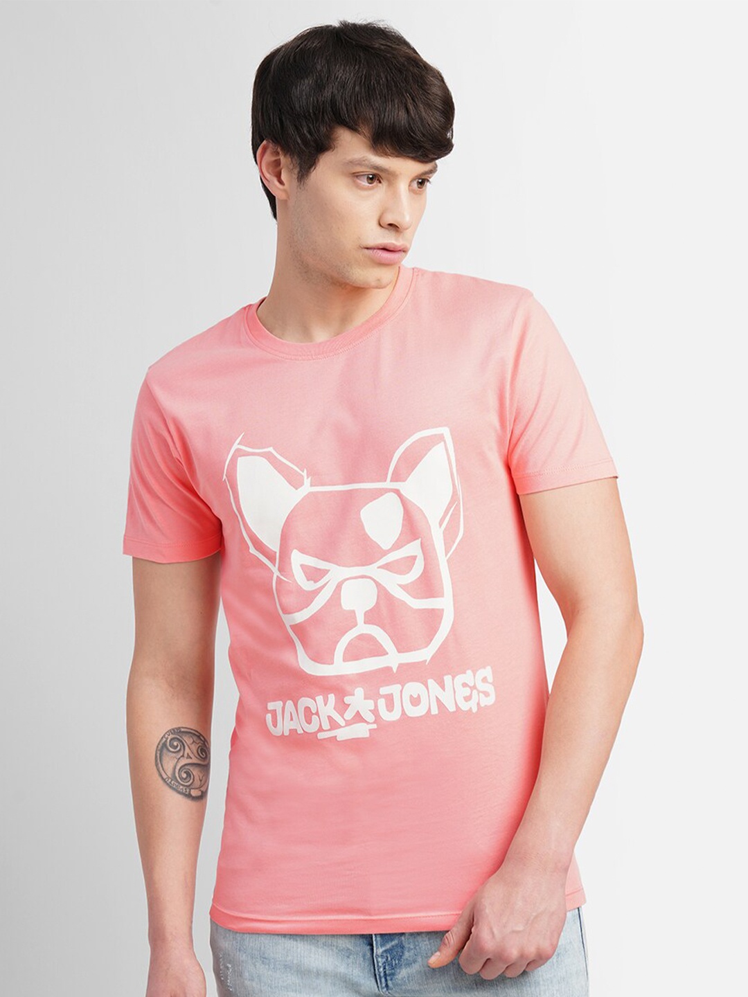 

Jack & Jones Graphic Printed Cotton Slim Fit T-shirt, Pink