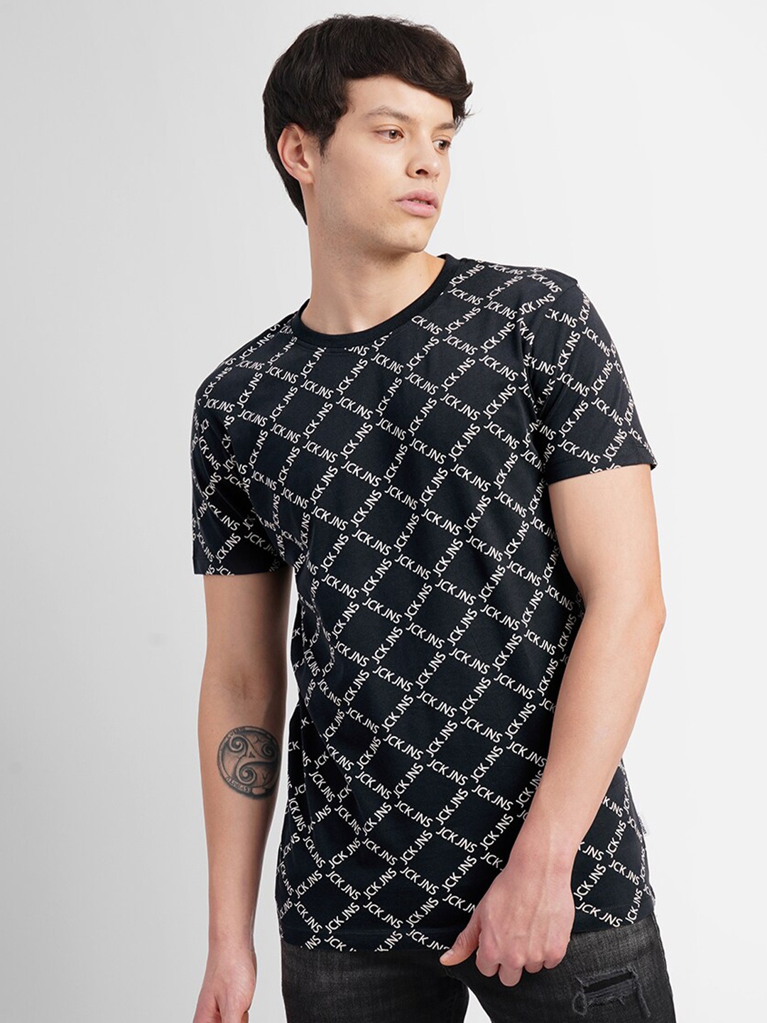 

Jack & Jones Men Black Printed Polo Collar Monochrome Slim Fit T-shirt
