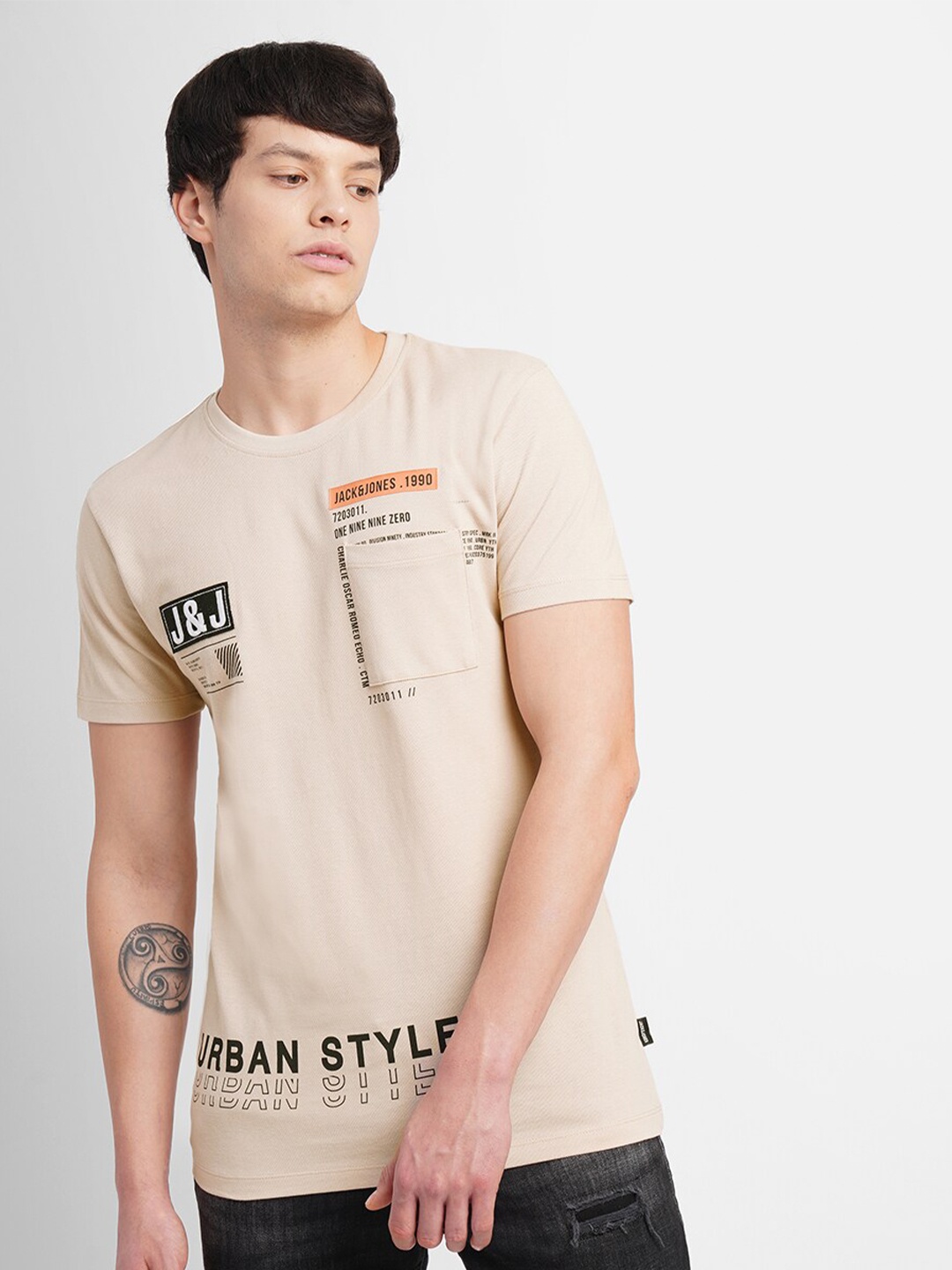 

Jack & Jones Typography Printed Cotton Slim Fit T-shirt, Beige