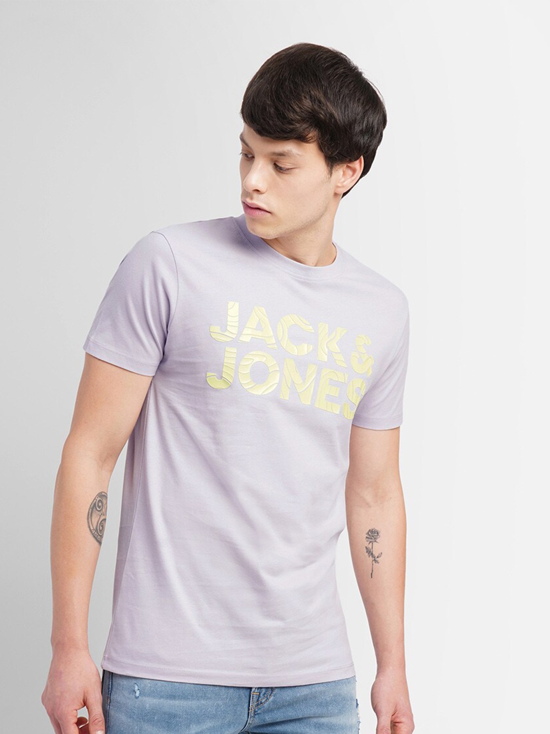

Jack & Jones Round Neck Typography Printed Slim Fit Cotton T-shirt, Purple