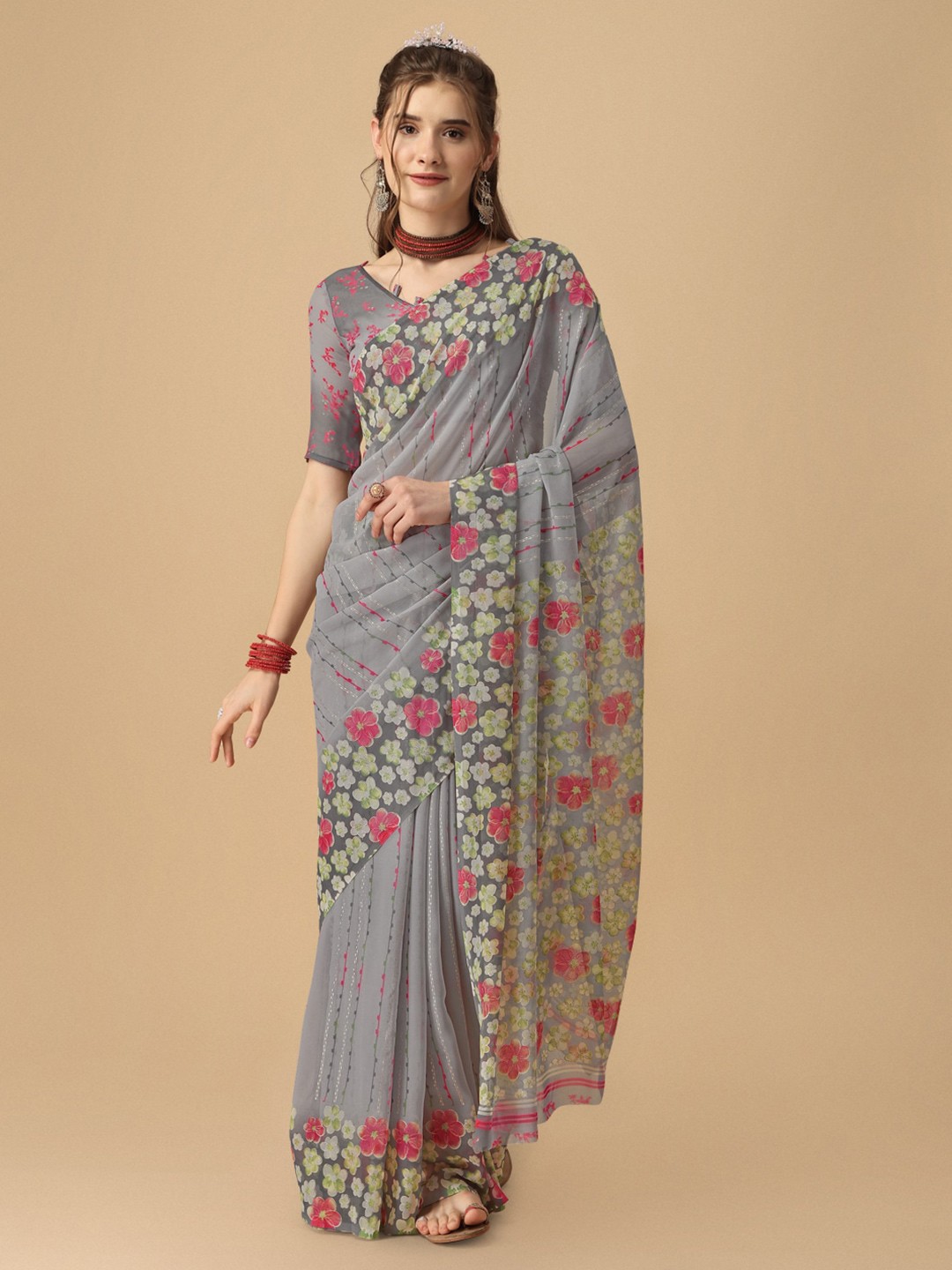 

Sangria Floral Foil-Printed Chiffon Sarees, Grey