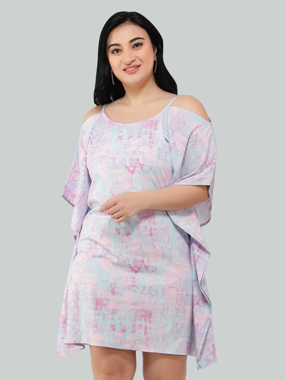 

NUEVOSDAMAS Abstract Printed Cold Shoulder Sleeves Kaftan Dress, Blue