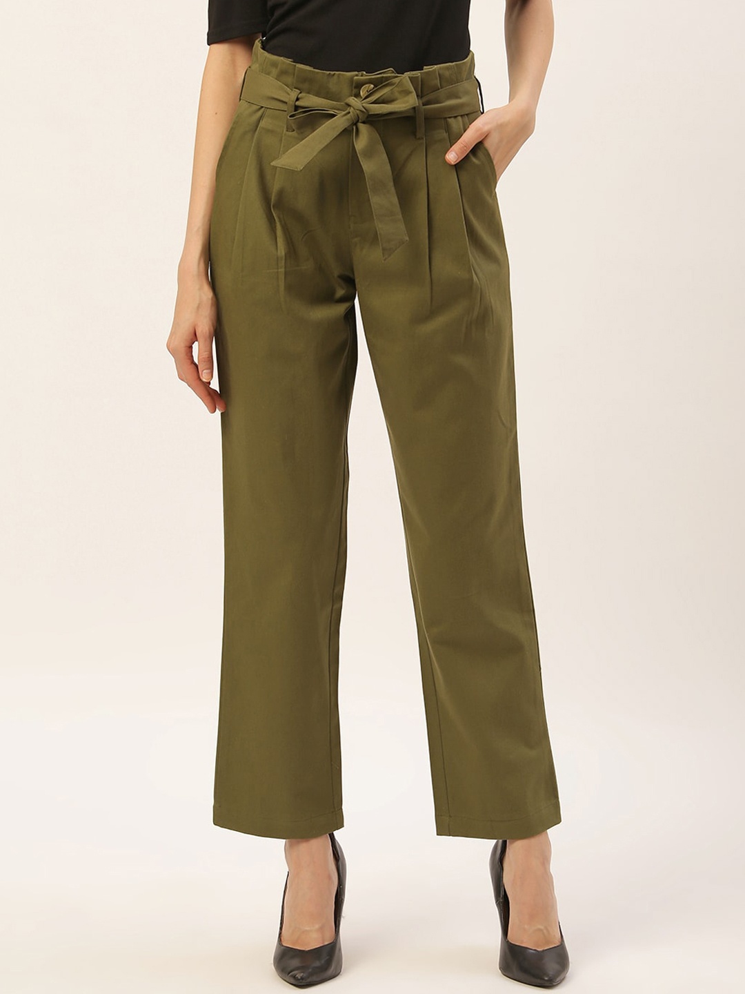 

DIVA WALK EXCLUSIVE Women Comfort Mid-Rise Pleated Pure Cotton Peg Trousers, Olive