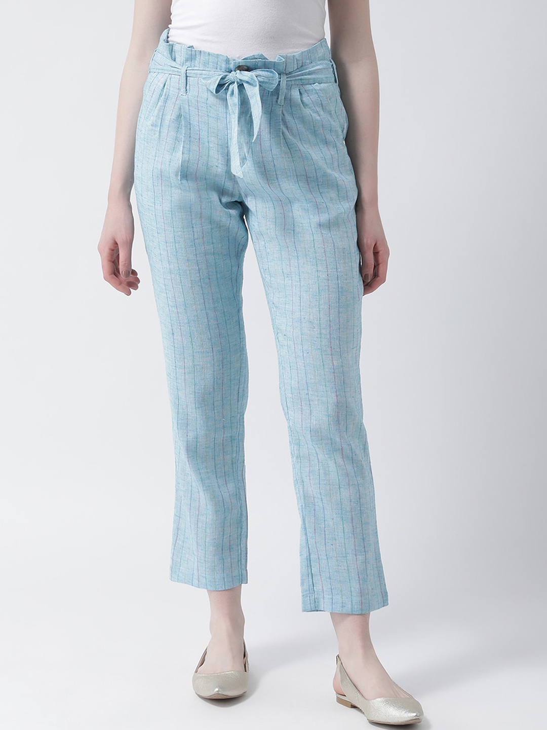 

DIVA WALK EXCLUSIVE Women Striped Comfort Pleated Pure Cotton Peg Trousers, Blue