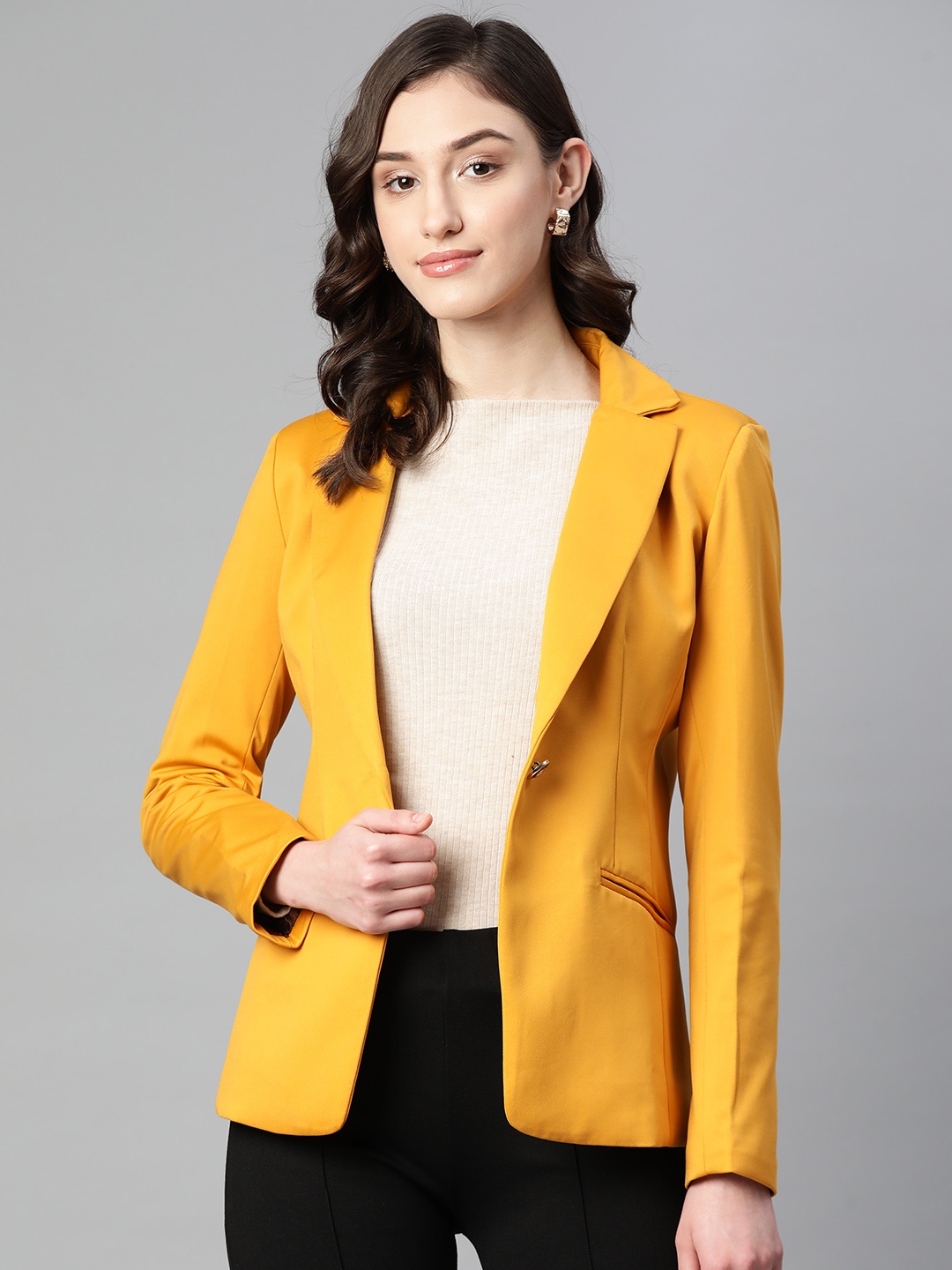 

Purple State Women Slim-Fit Single-Breasted Casual Blazer, Mustard
