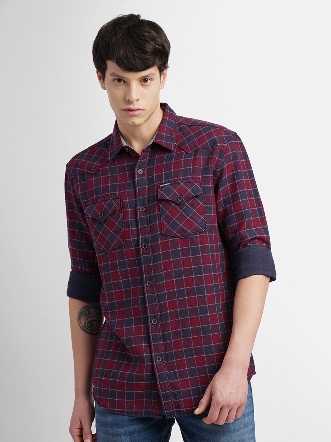 

Jack & Jones Slim Fit Tartan Checked Cotton Casual Shirt, Red
