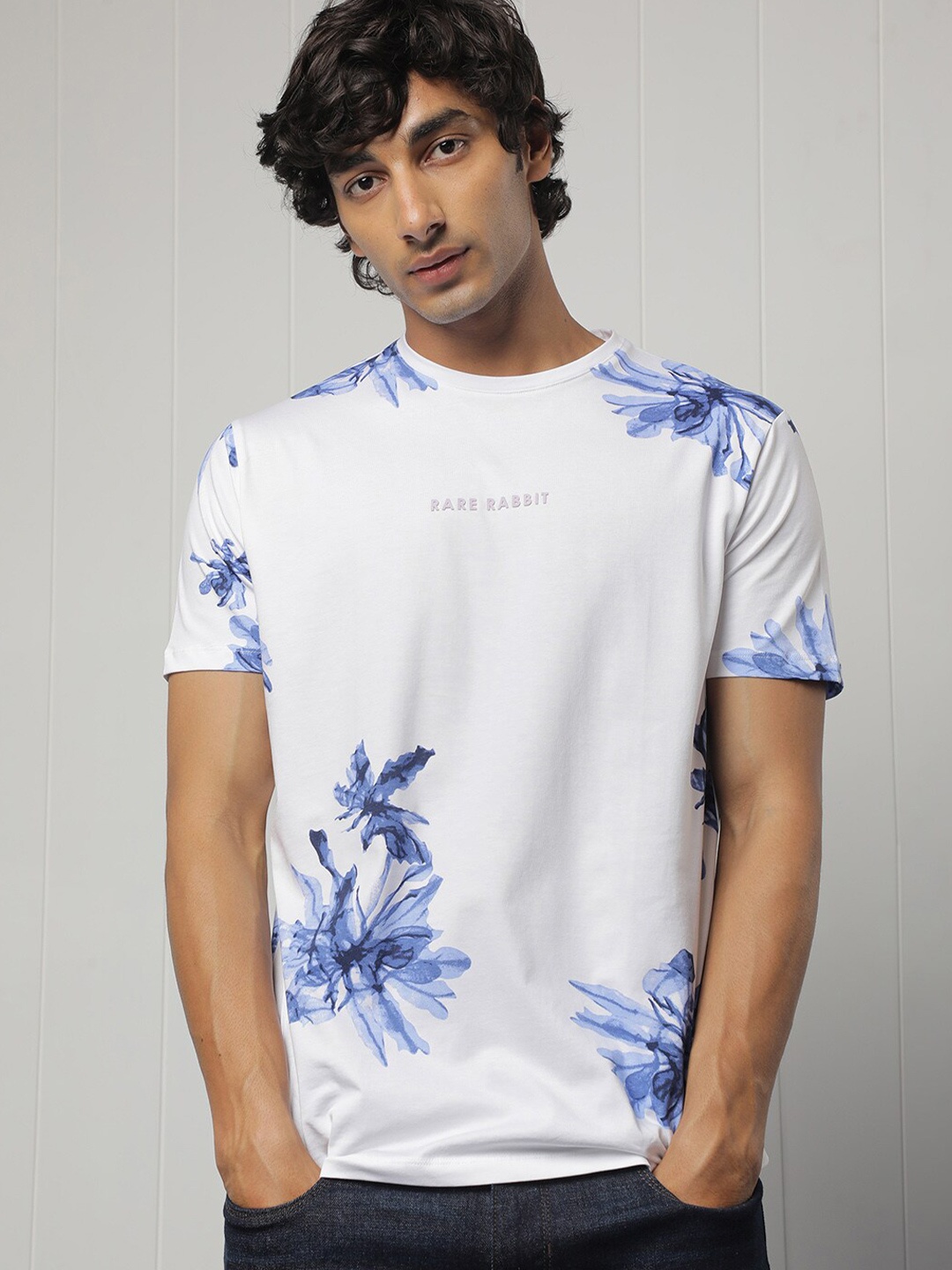 

RARE RABBIT Men Loret Floral Printed Slim Fit T-Shirt, White