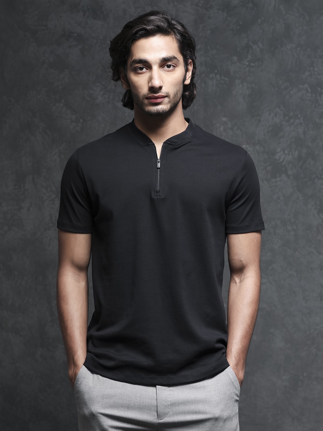

RARE RABBIT Men Rings-4 Slim Fit Solid Polo Collar T-Shirt, Black
