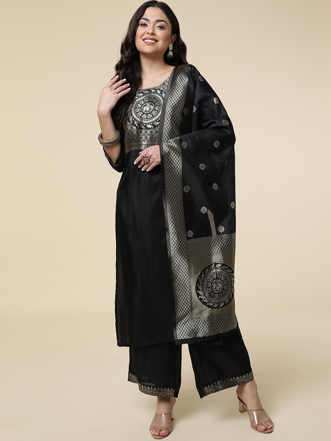 

J Turritopsis Women Black Ethnic Motifs Printed Kurta with Palazzos & With Dupatta