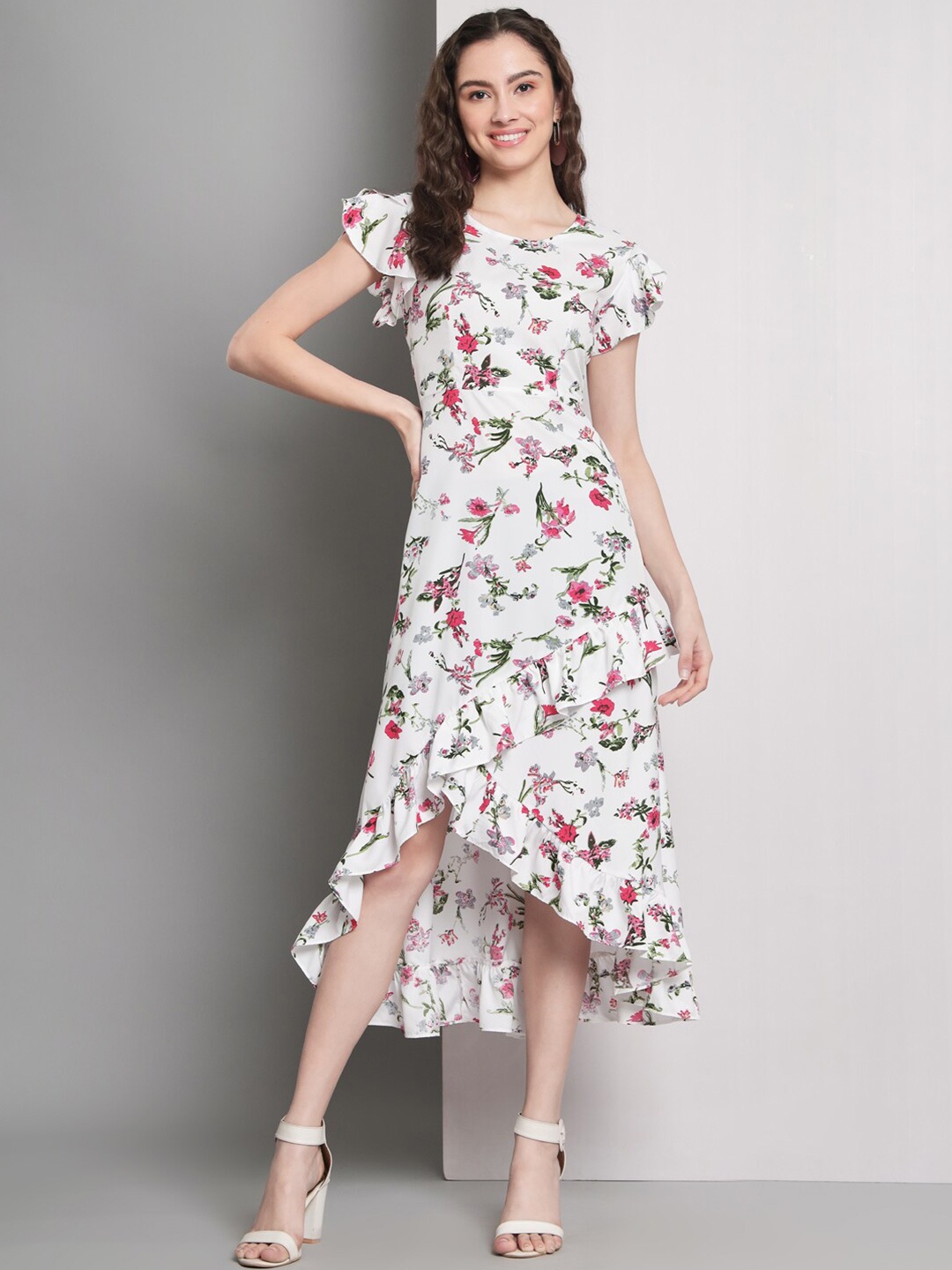 

Kushi Flyer Floral Crepe A-Line Midi Dress, White