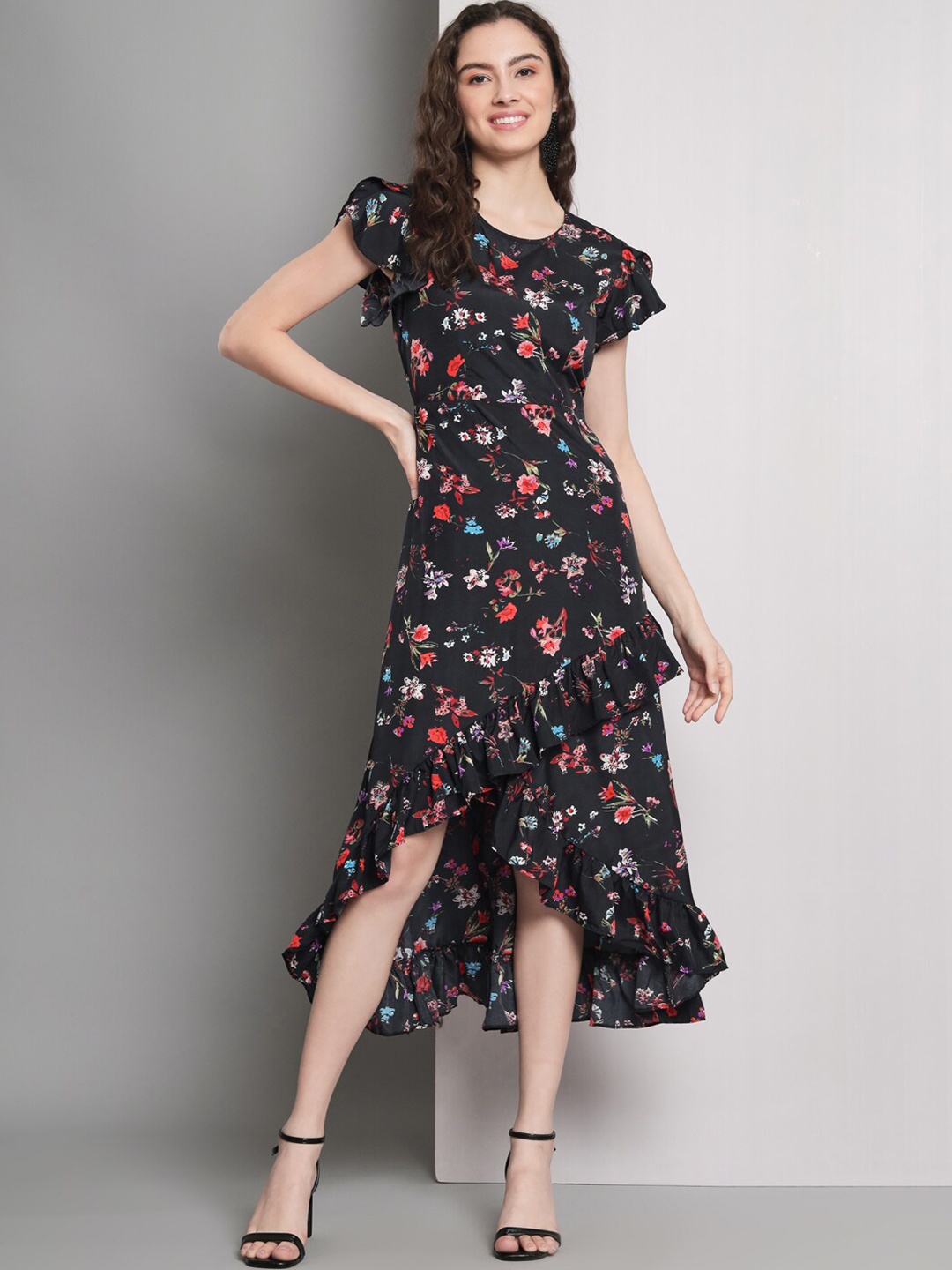 

Kushi Flyer Floral Crepe High-Low Hem A-Line Midi Dress, Black