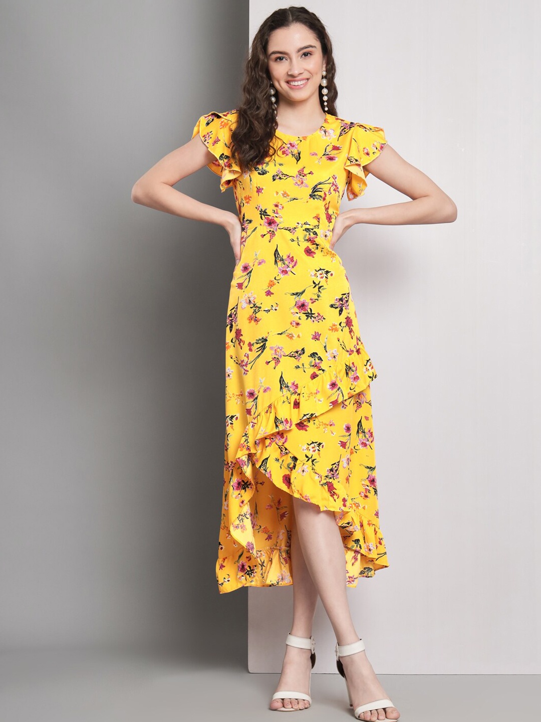 

Kushi Flyer Floral Crepe A-Line Midi Dress, Yellow