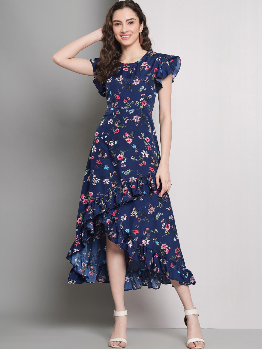 

Kushi Flyer Flutter Sleeves Floral Crepe Midi Dress, Blue