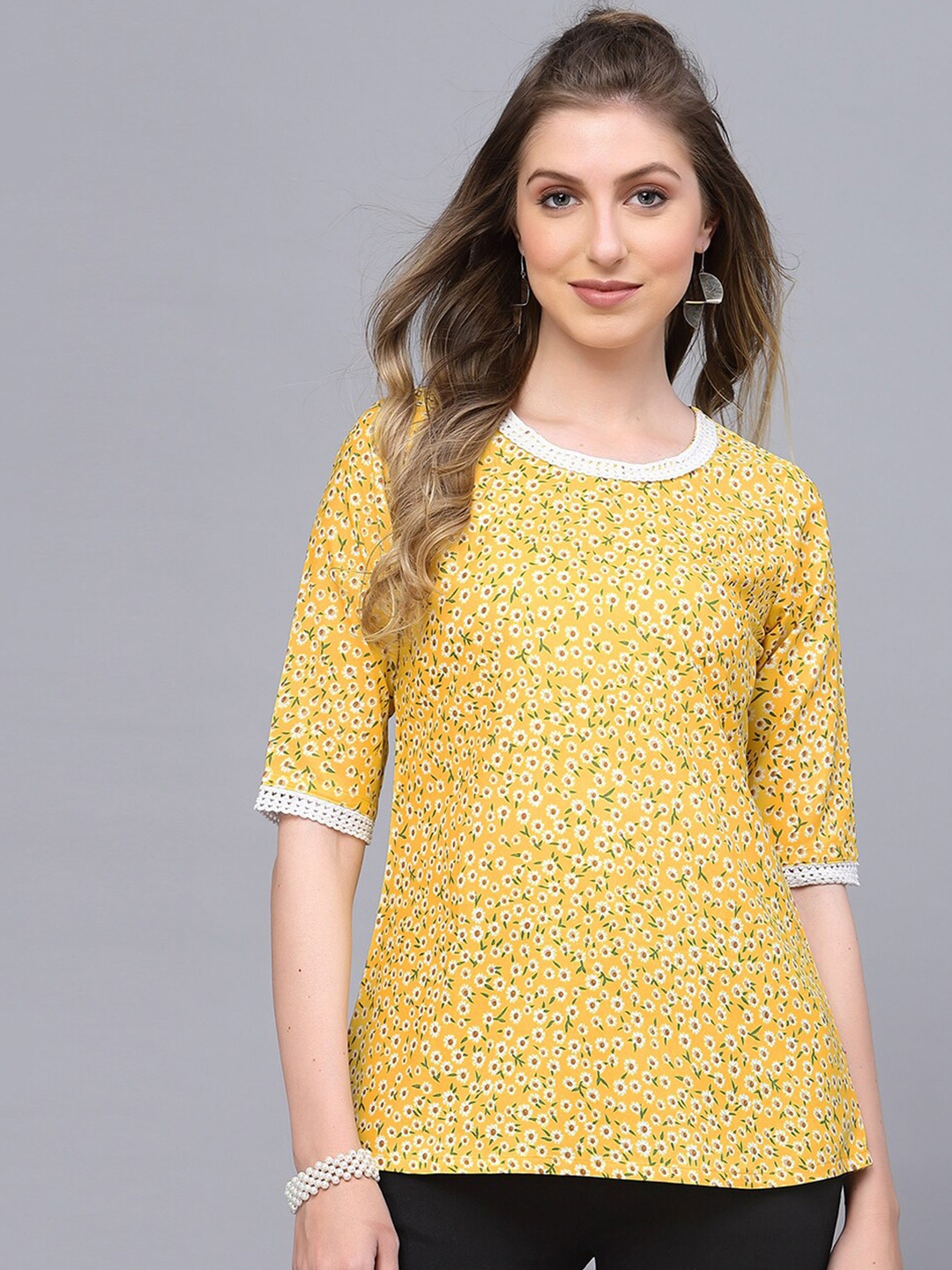 

Selvia Round Neck Floral Printed Crepe Top, Yellow