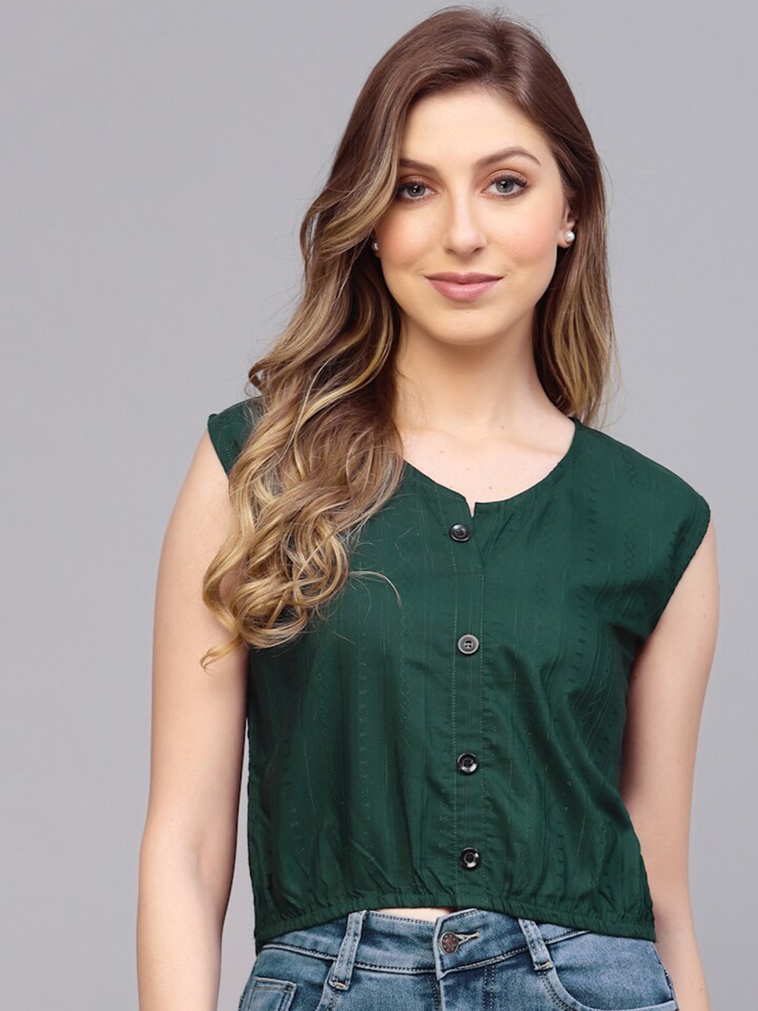 

Selvia Self Design Round Neck Shirt Style Crop Top, Green