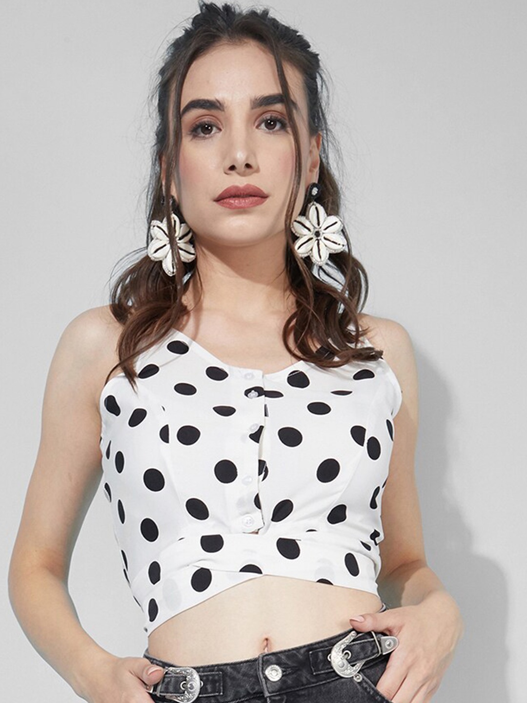 

Selvia Polka Dots Print Crepe Crop Top, White