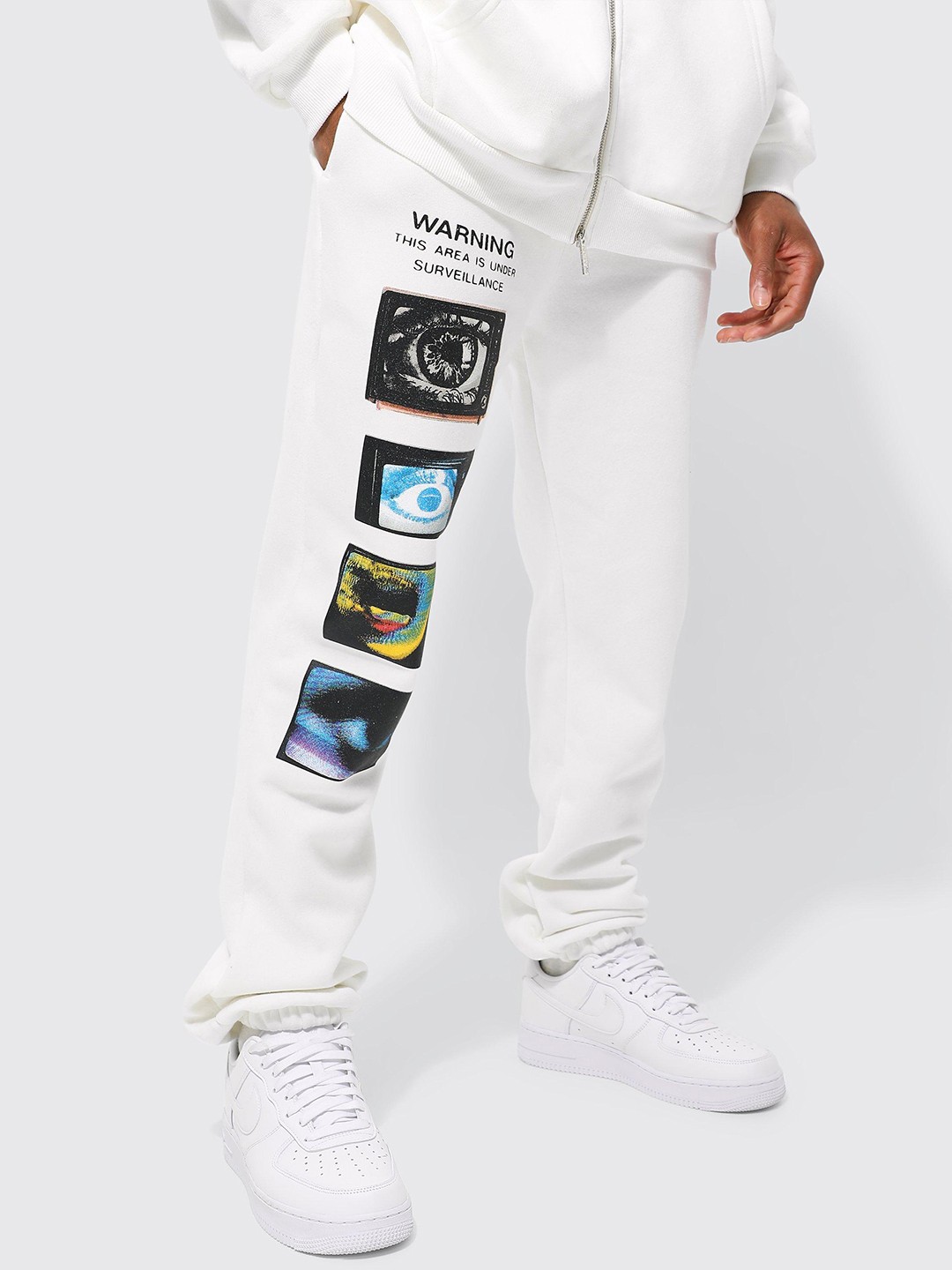 

boohooMAN Graphic Print Regular FitFleece Joggers, White