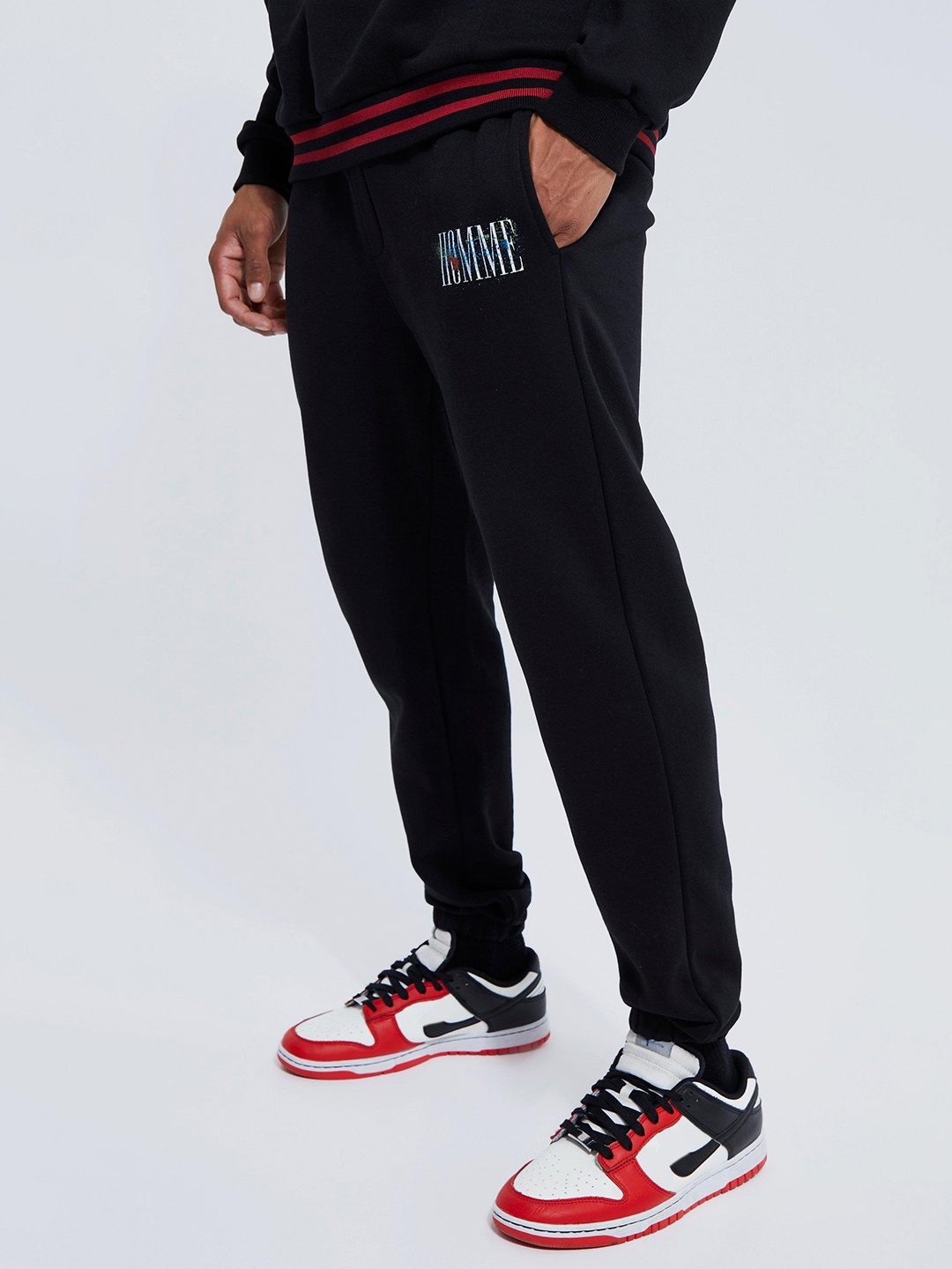

boohooMAN Regular Fit Print Detail Joggers, Black