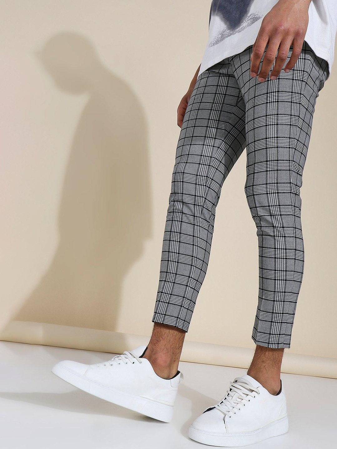 

boohooMAN Checked Super Skinny Fit Cropped Trousers, Grey