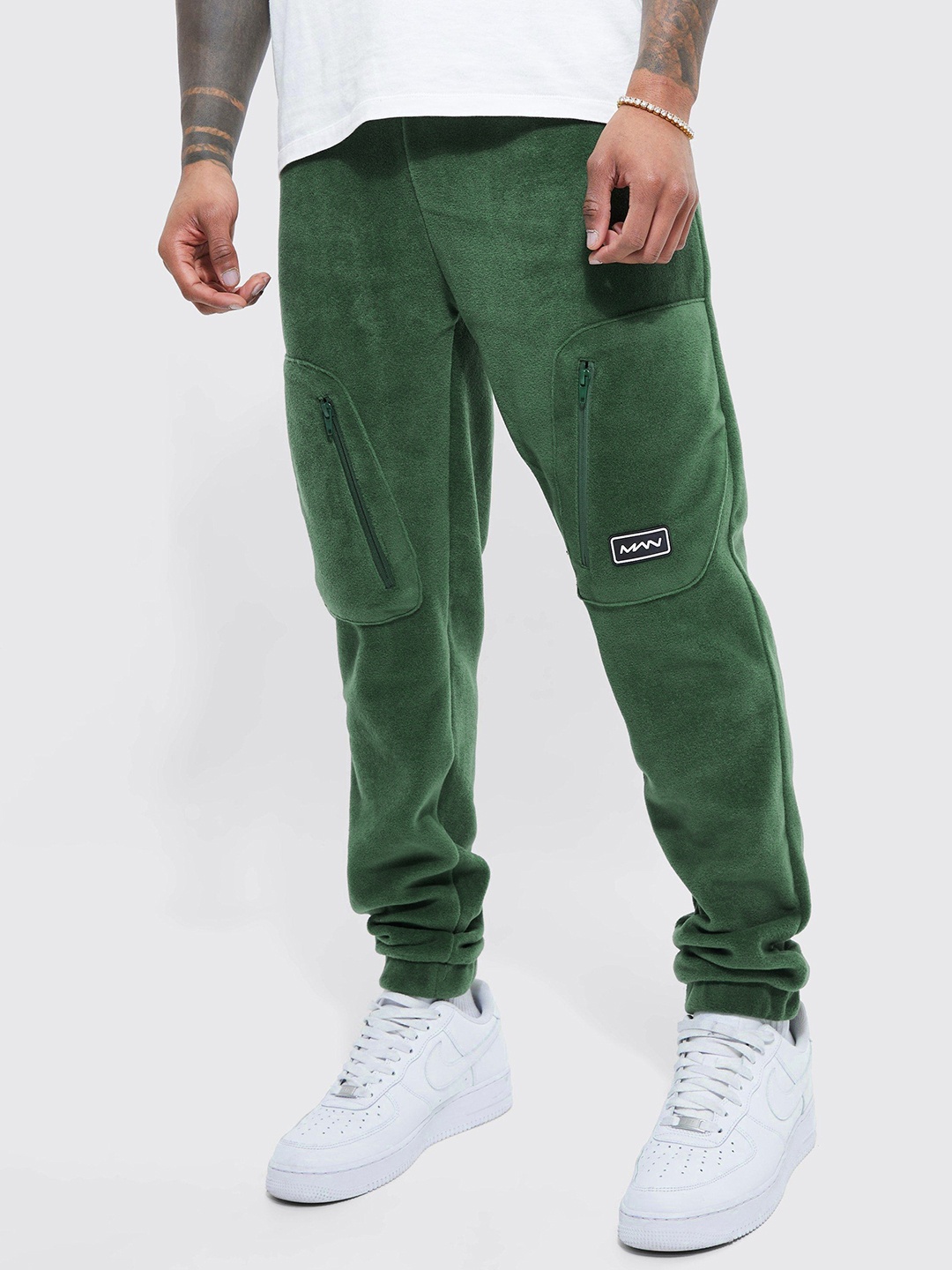 

boohooMAN Regular Fit Fleece Cargo Jogger, Green