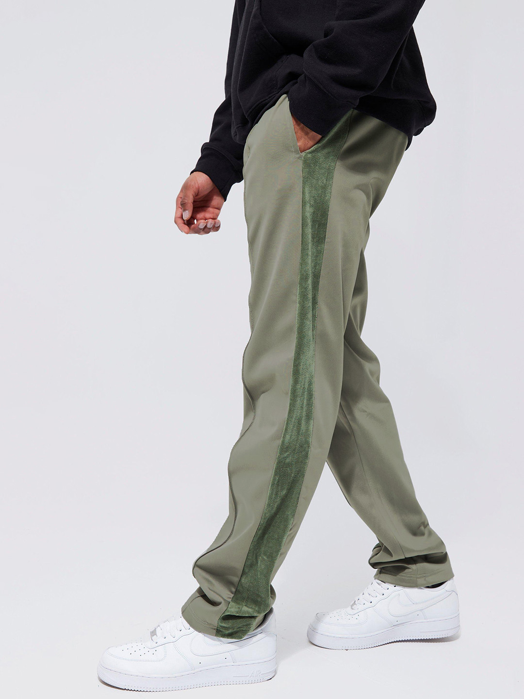 

boohooMAN Regular Fit Tricot Velour Panel Track Pants, Green