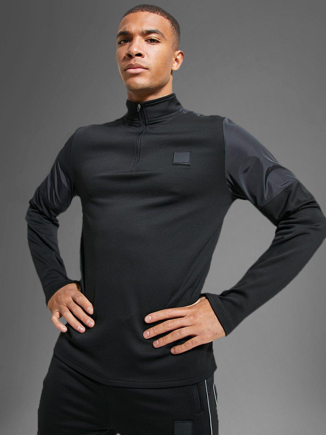 

boohooMAN High Neck Gym Zip-Up T-shirt, Black