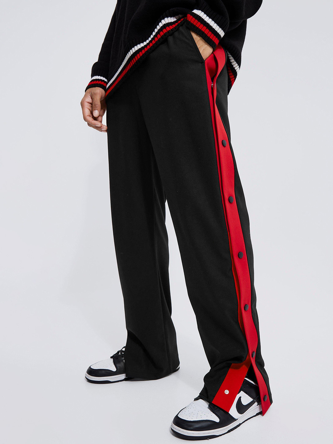 

boohooMAN Straight Fit Button Detail Track Pants, Black