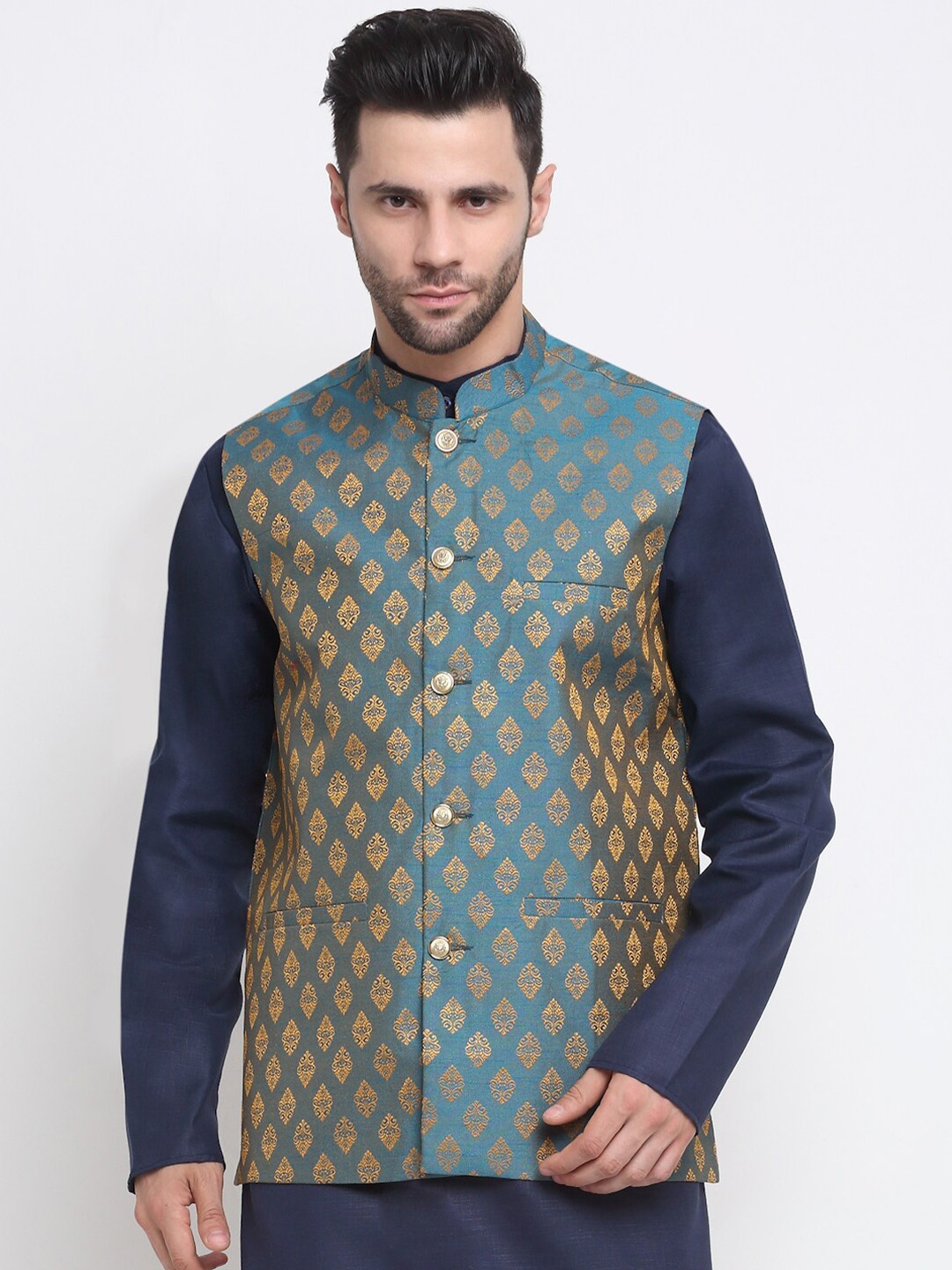 

NEUDIS Men Woven Design Nehru Jackets, Blue