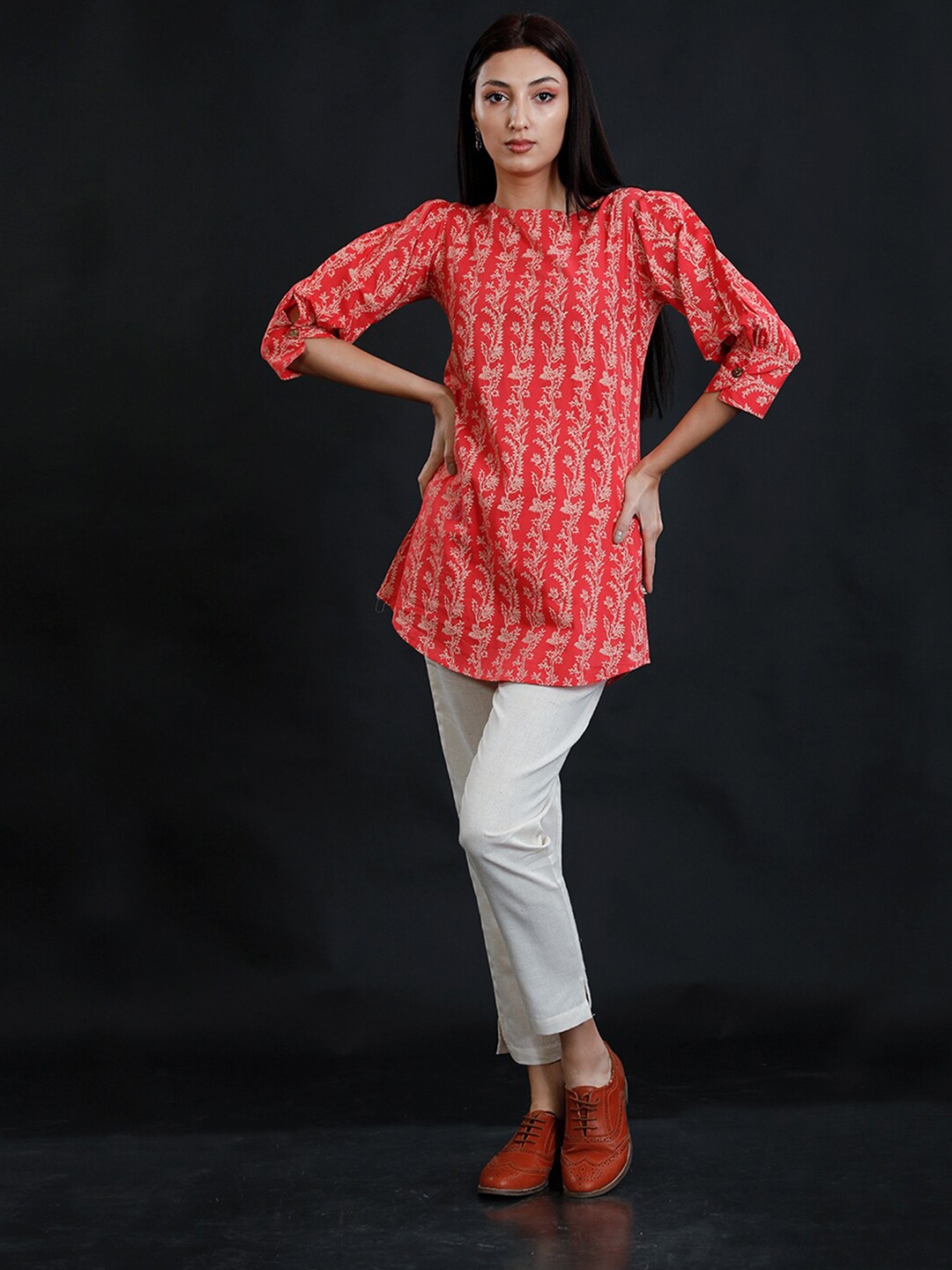 

FABNEST Floral Printed Pure Cotton Tunic & Trousers Co-Ords, Red