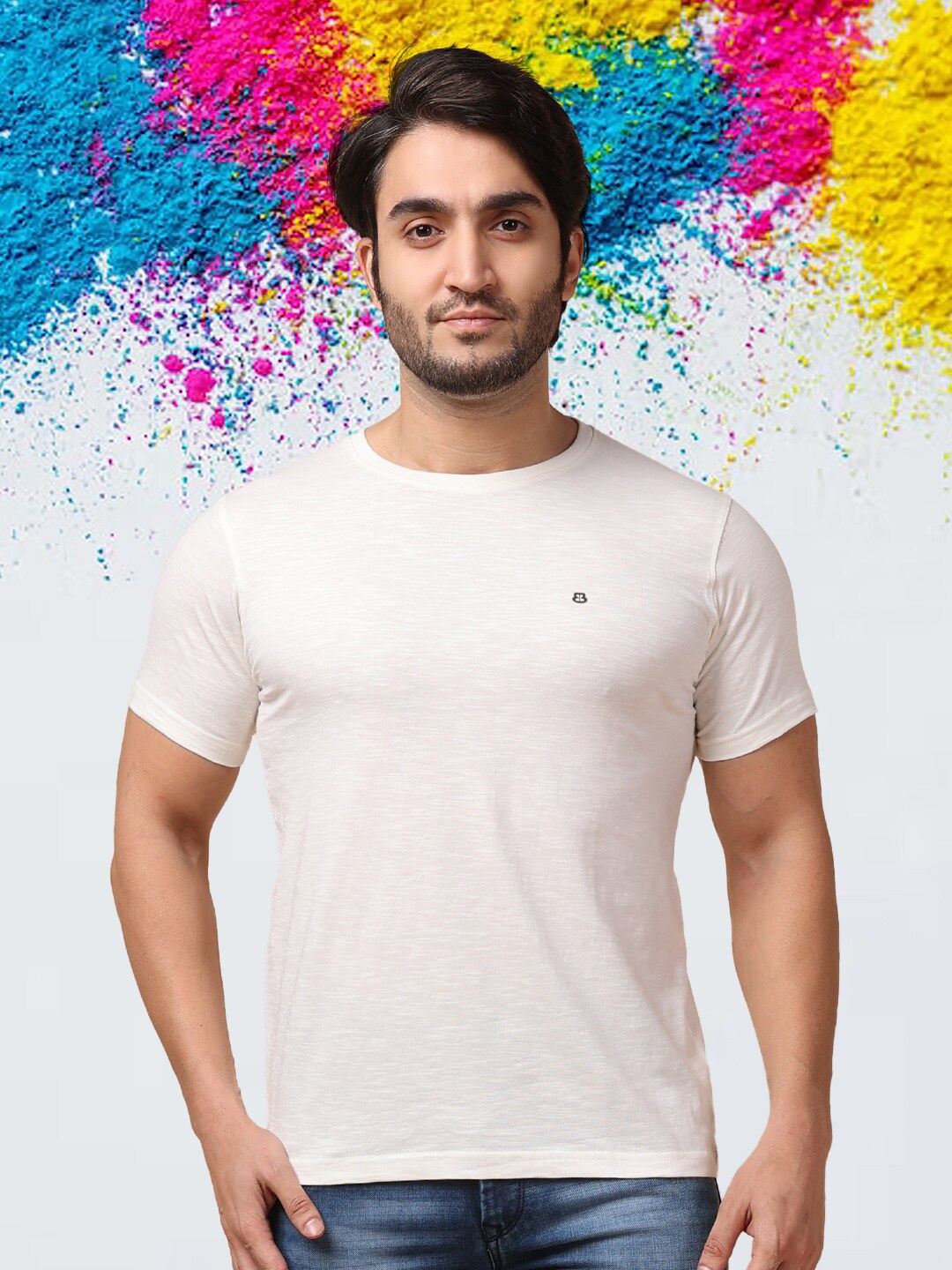 

berry blues Round Neck Regular Fit Cotton T-shirt, White