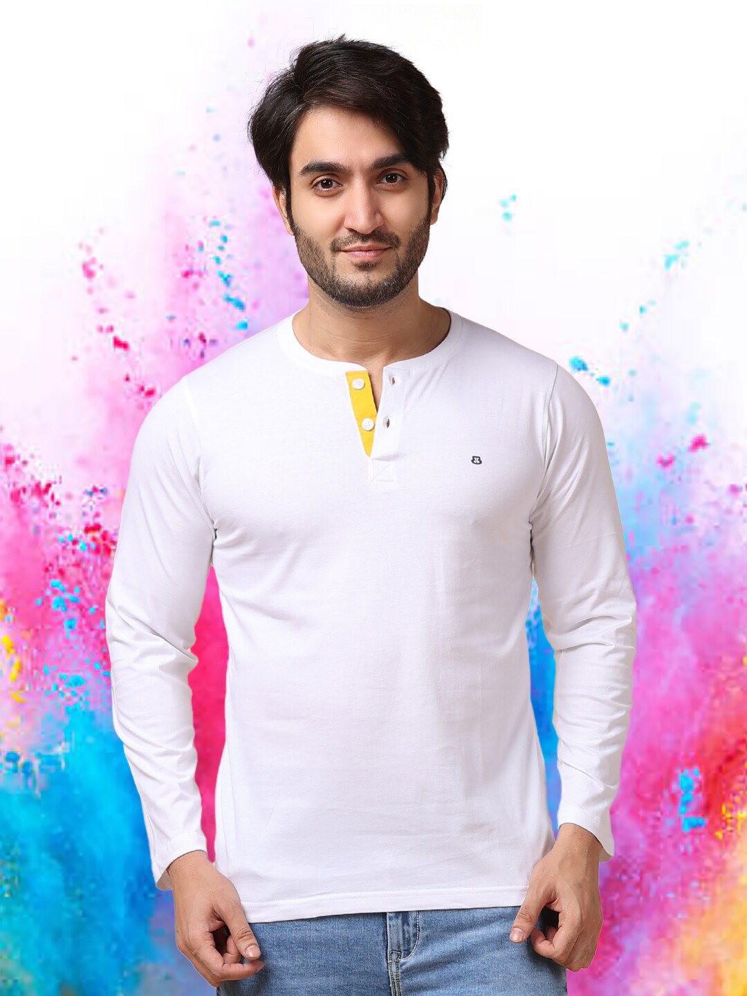 

berry blues Henley Neck Long Sleeves Cotton T-shirt, White