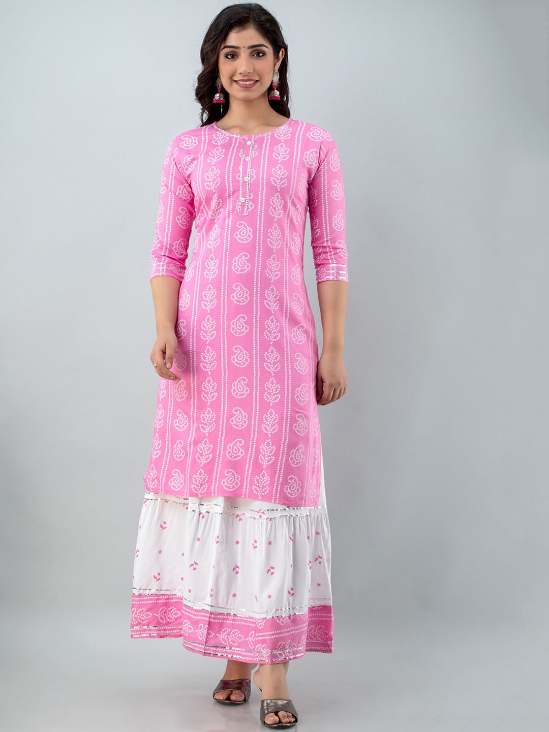 

FABISTA Women Pink Bandhani Printed Gotta Patti Kurta with Skirt