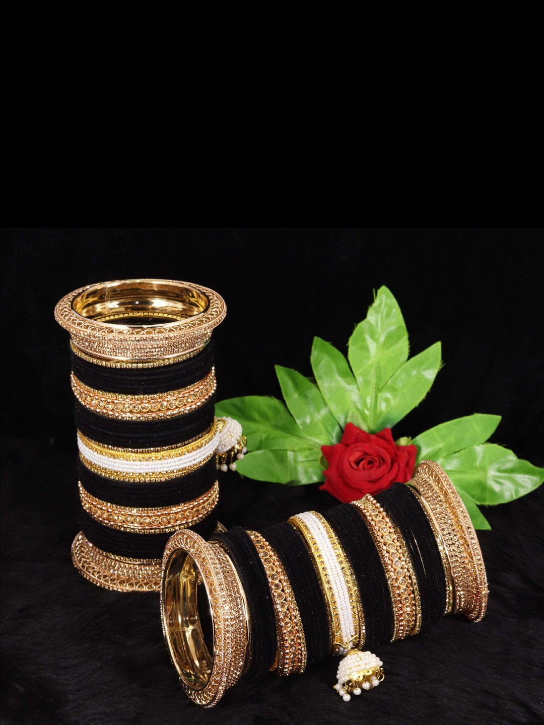 

NMII 82 Pcs Zircon Studded Latkan Velvet Chuda Antique Bangles, Black