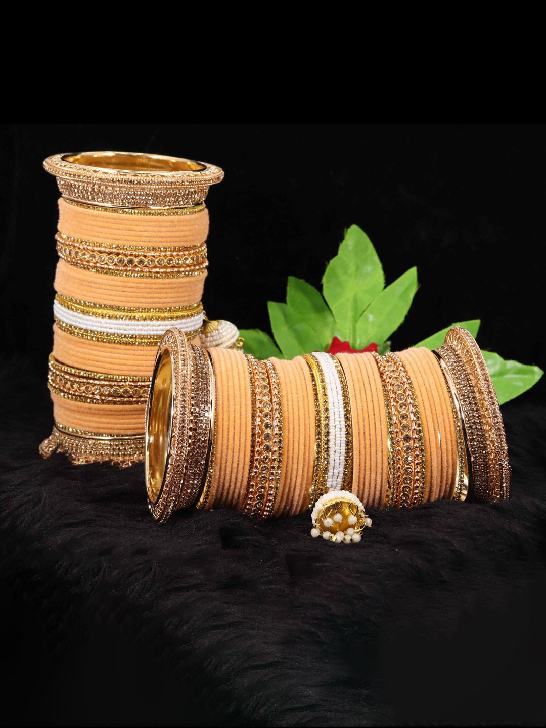 

NMII 82 Pcs Zircon Studded & Pearls Beaded Latkan Velvet Chuda Antique Bangles, Peach