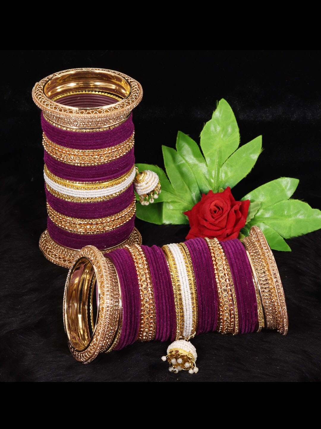 

NMII 82 Pcs Zircon Studded & Pearls Beaded Latkan Velvet Chuda Antique Bangles, Purple