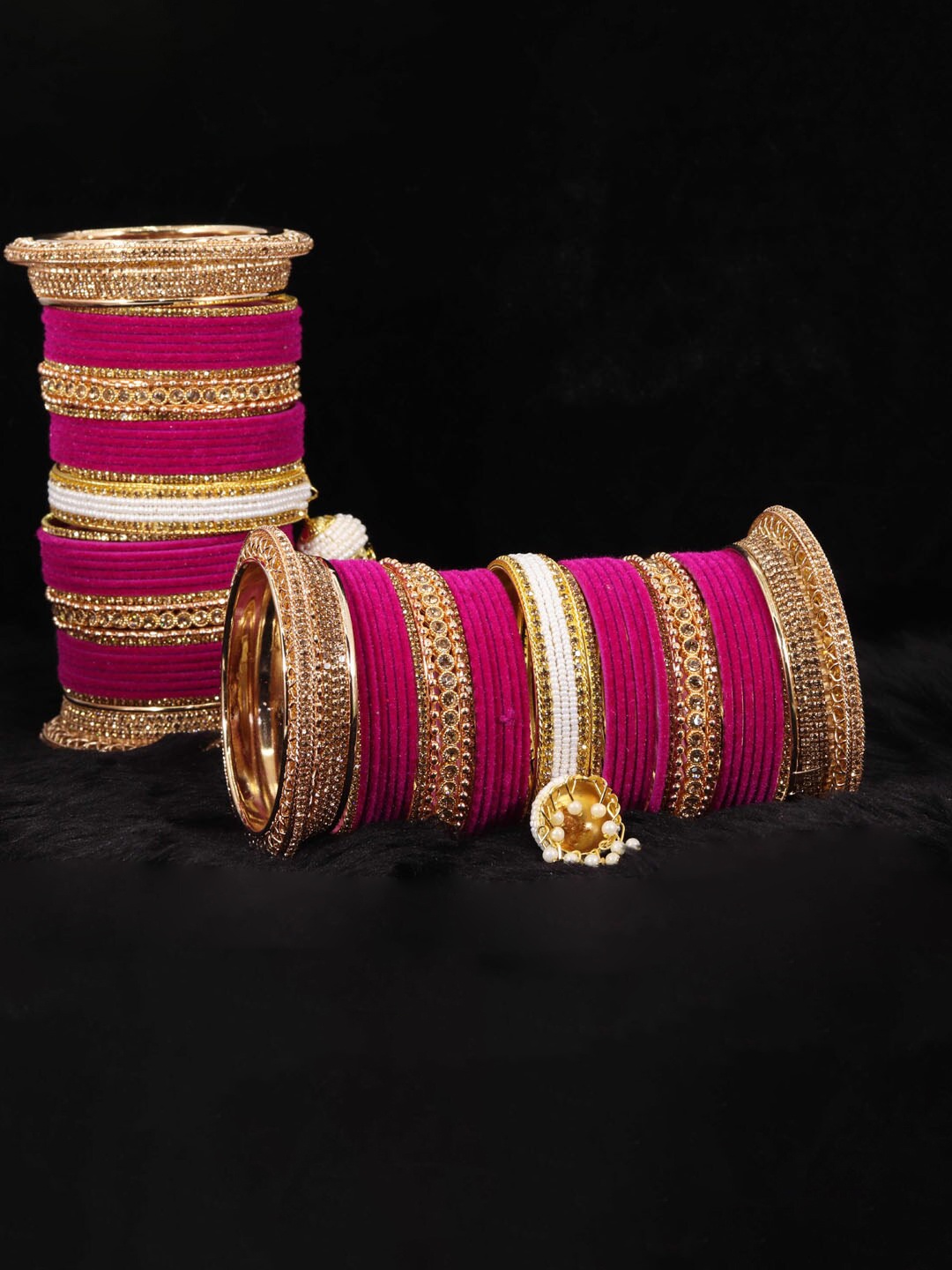 

NMII 82 Pcs Zircon Studded & Pearls Beaded Latkan Velvet Chuda Antique Bangles, Magenta