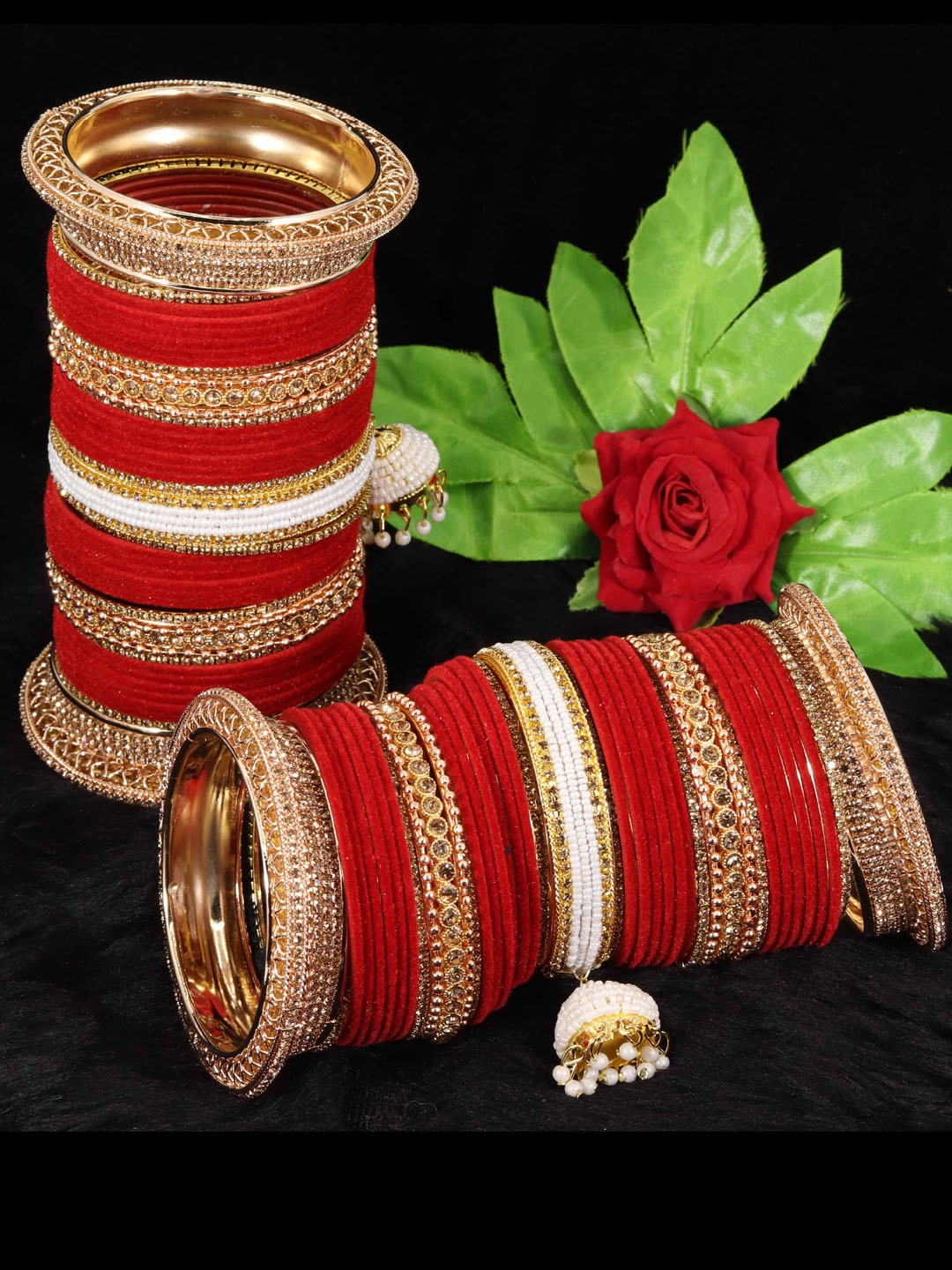 

NMII 82 Pcs Zircon Studded & Pearls Beaded Latkan Velvet Chuda Antique Bangles, Red