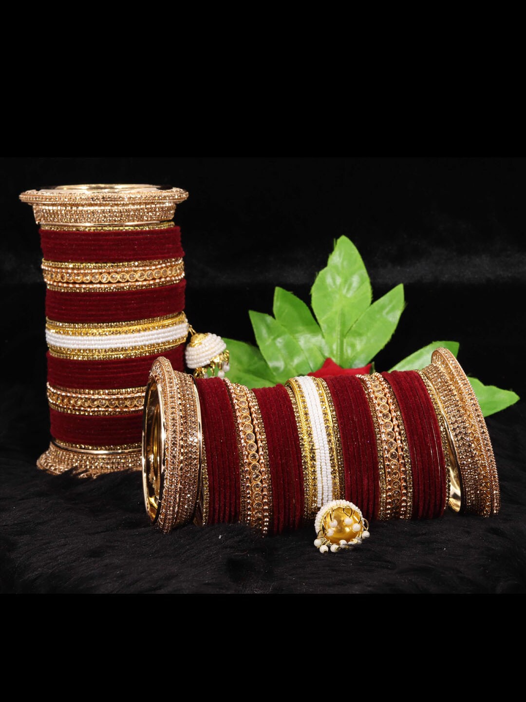 

NMII 82 Pcs Zircon Studded & Pearls Beaded Latkan Velvet Chuda Antique Bangles, Maroon