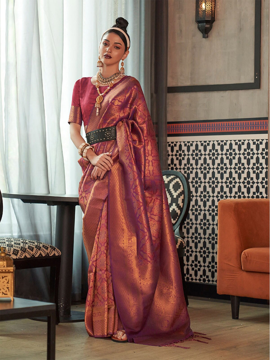 

ODETTE Floral Woven Design Zari Saree, Purple