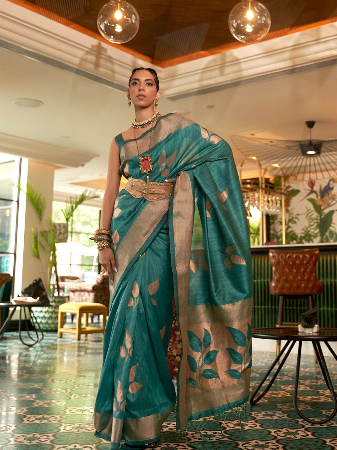 

ODETTE Ethnic Motif Woven Design Zari Saree, Teal