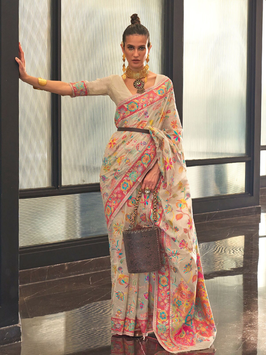 

ODETTE Floral Woven Design Zari Saree, Off white