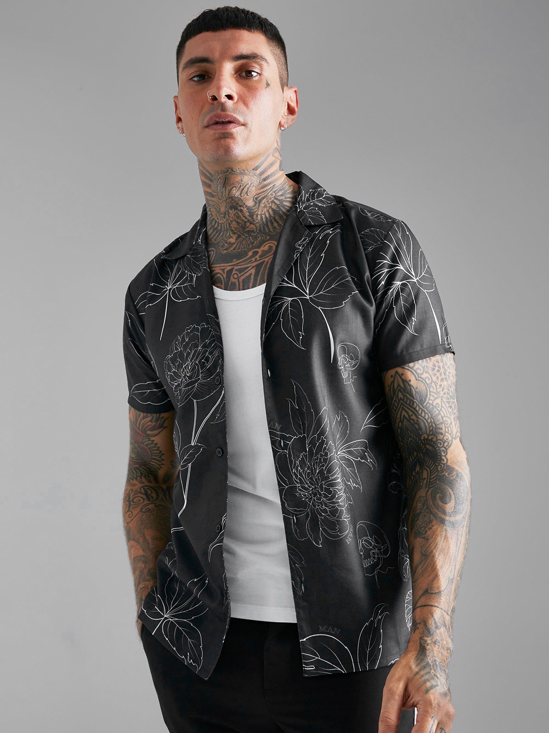 

boohooMAN Floral Print Casual Shirt, Charcoal