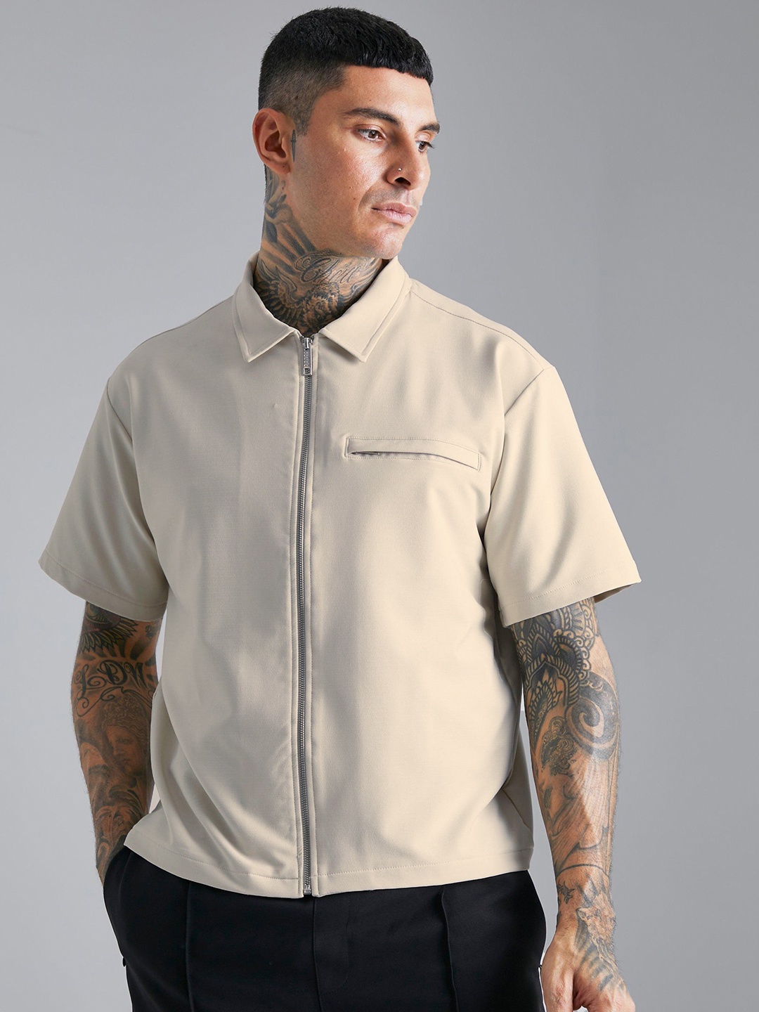 

boohooMAN Boxy Fit Stretchable Shirt, Beige