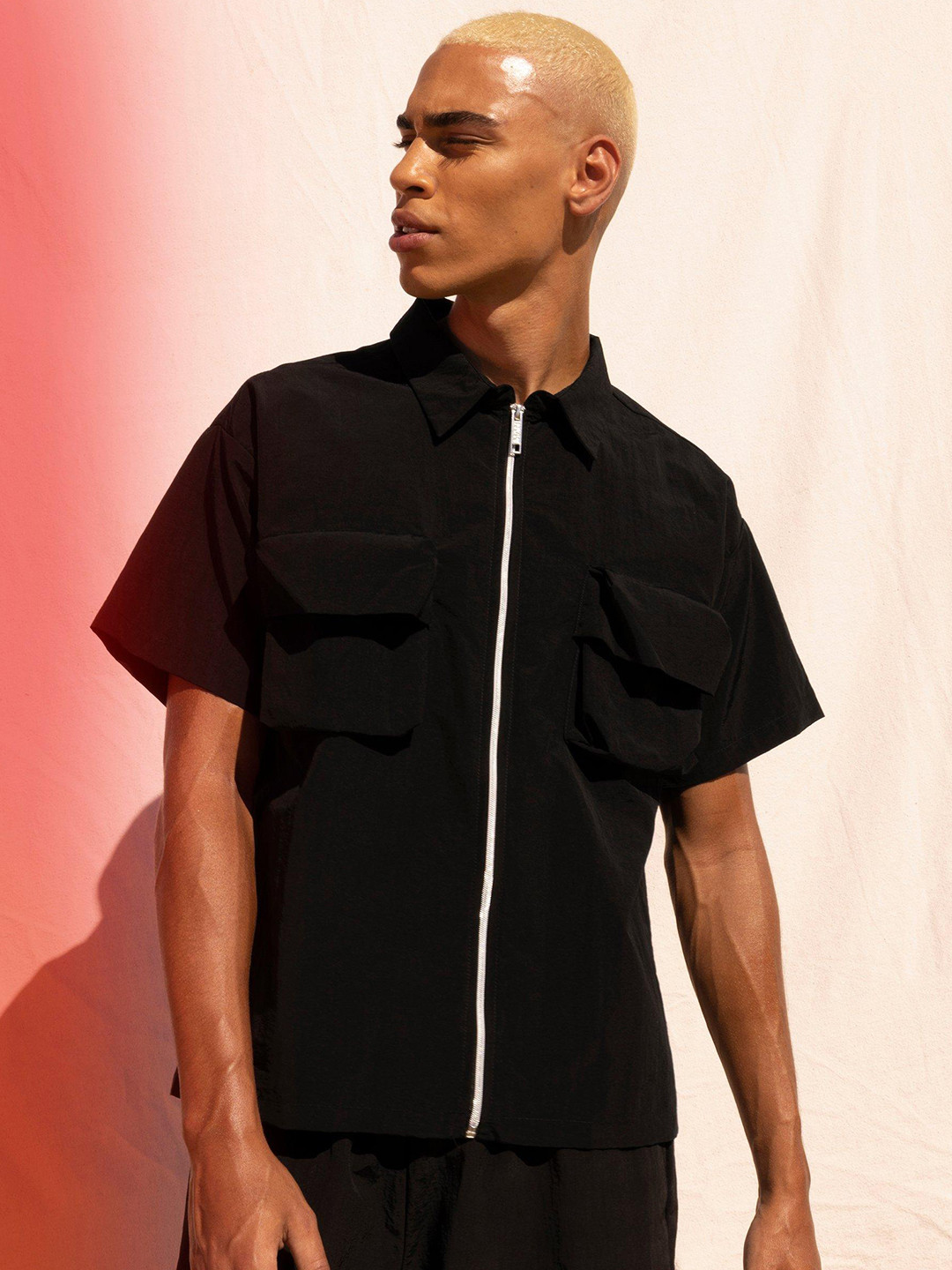

boohooMAN Boxy Fit Box Pockets Shirt, Black