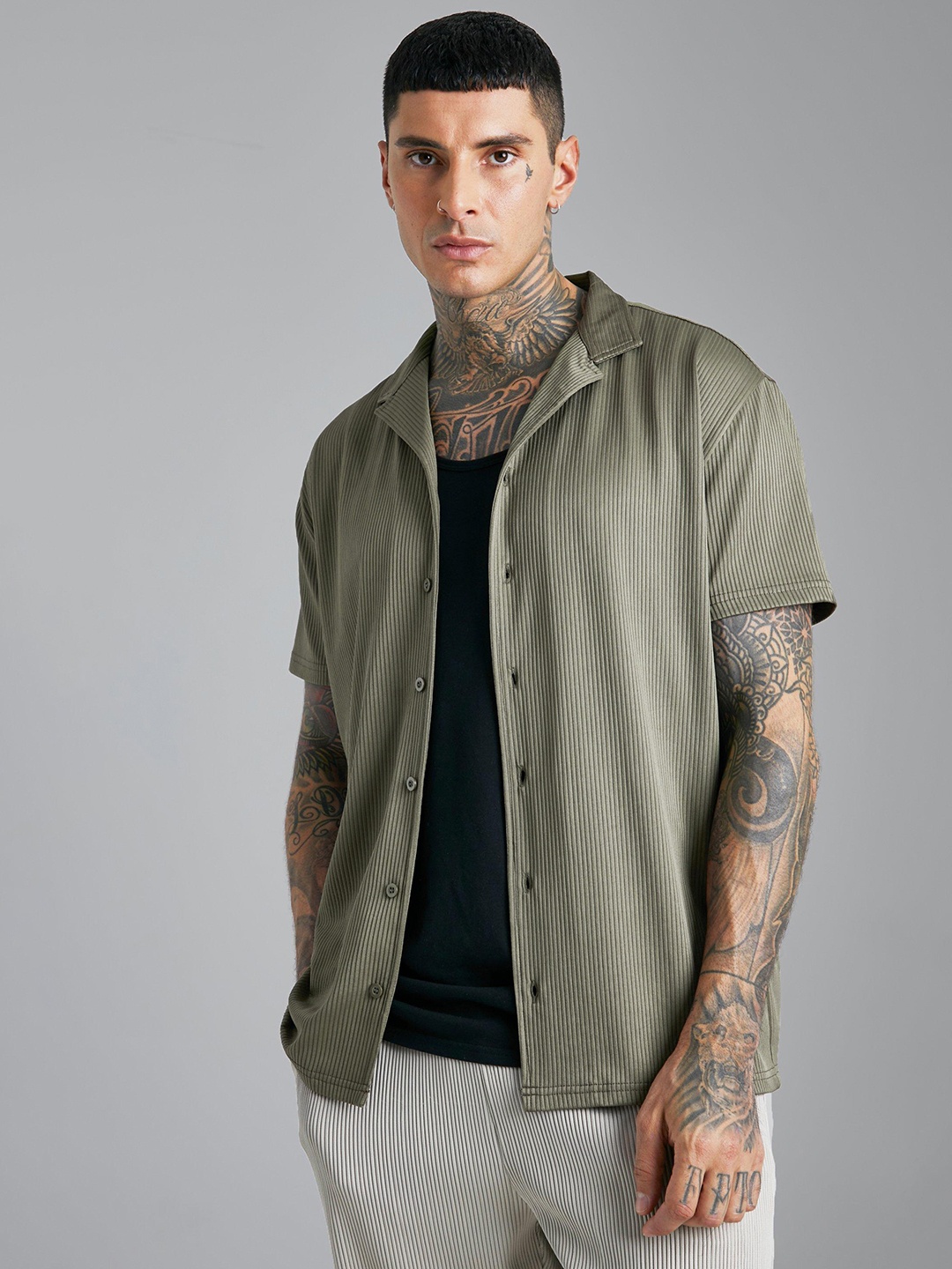 

boohooMAN Ribbed Oversized Casual Shirt, Green