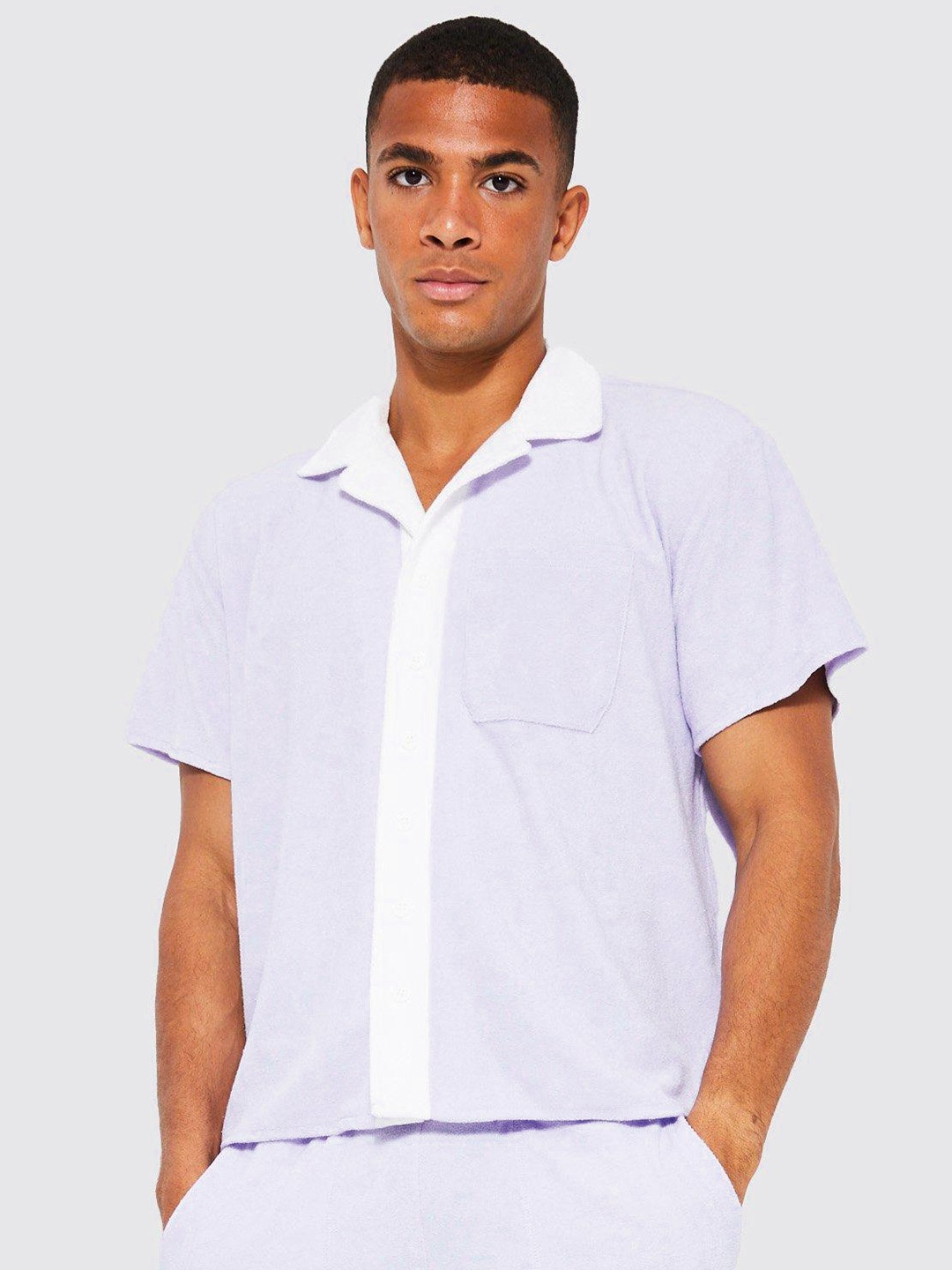 

boohooMAN Boxy Fit Contrast Placket Shirt, Lavender