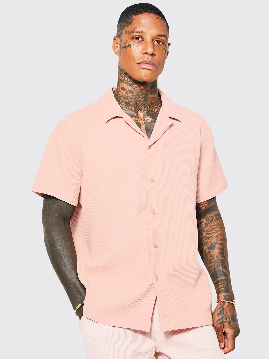 

boohooMAN Cuban Collar Oversized Pleated Shirt, Peach