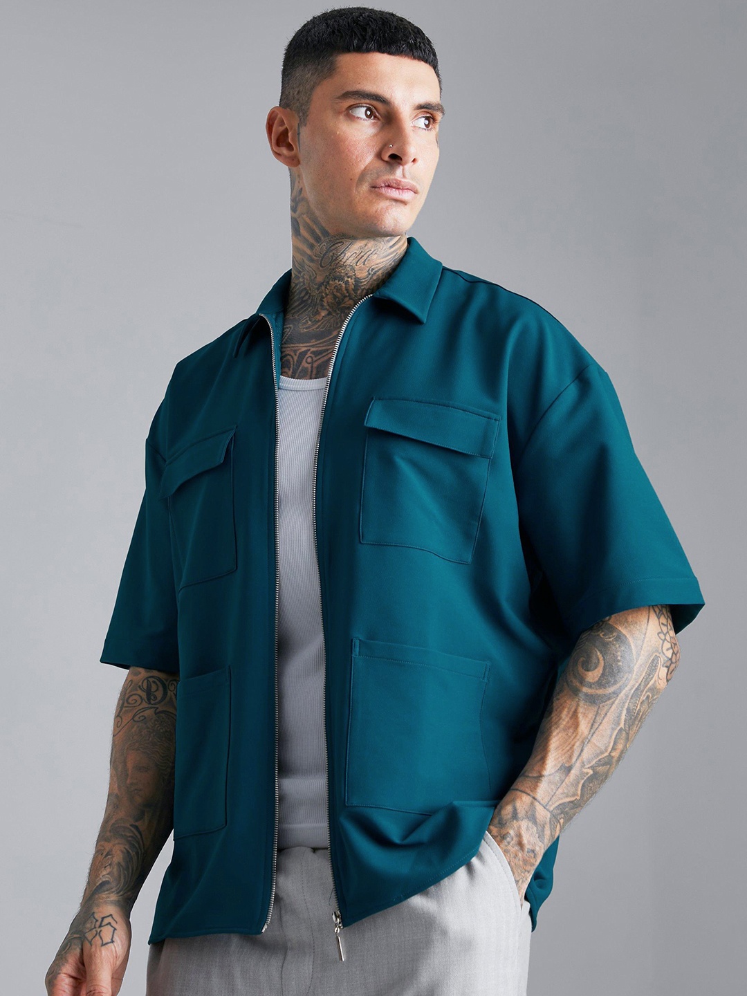 

boohooMAN Solid Boxy Oversized Casual Shirt, Teal