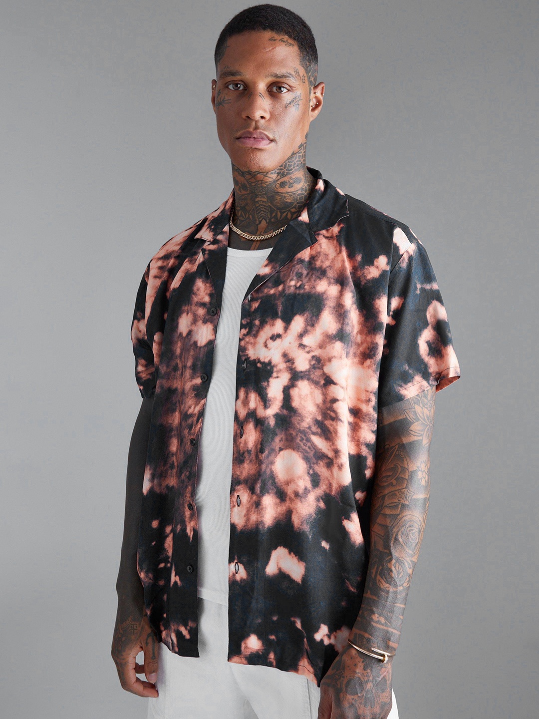 

boohooMAN Tie & Dye Printed Oversized Casual Shirt, Navy blue