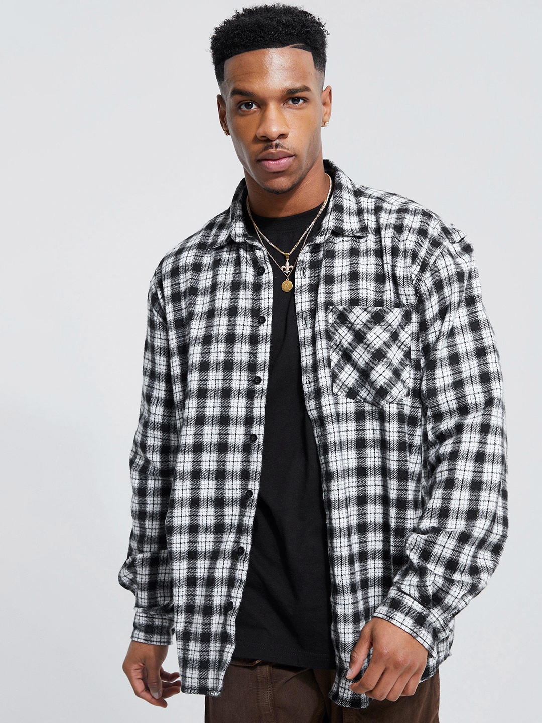 

boohooMAN Oversized Embroidered Back Checked Flannel Shirt, Black